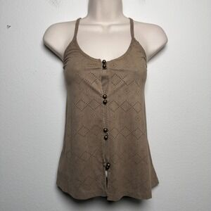 Staccato Women Faux Suede Pointelle Top Medium Brown‎ Button Front Western Boho